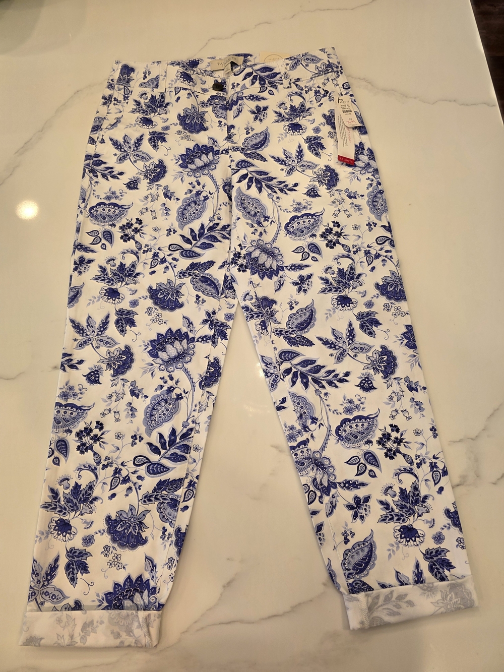 Talbots Pants Womens 2P White Floral Ankle Super Soft Chino Stretch Casual NWT